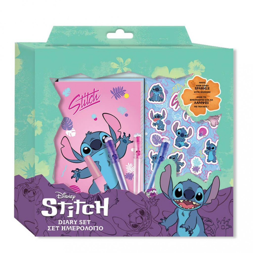 Ημερολόγιο Stitch με 3 στυλό, αυτοκόλλητα
, πούλιες και κόλλα