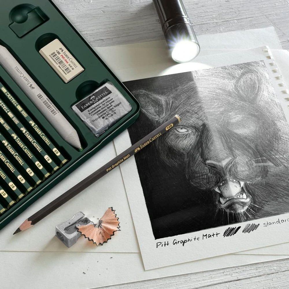 Σετ Μολύβια Faber Castell Pitt Graphite + Mat σε μεταλλική κασετίνα, ξύστρα και γόμες 20 τεμ